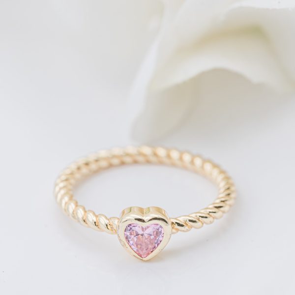 14K Gold-Plated Rope Ring with Pink CZ Heart for Girls