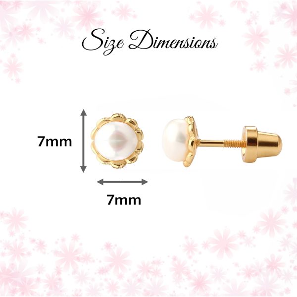 14K Gold-Plated Child’s Freshwater Pearl Screw Back Earrings with Scalloped Edge
