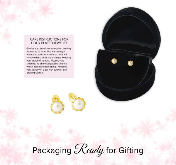 14K Gold-Plated Child’s Freshwater Pearl Screw Back Earrings with Scalloped Edge