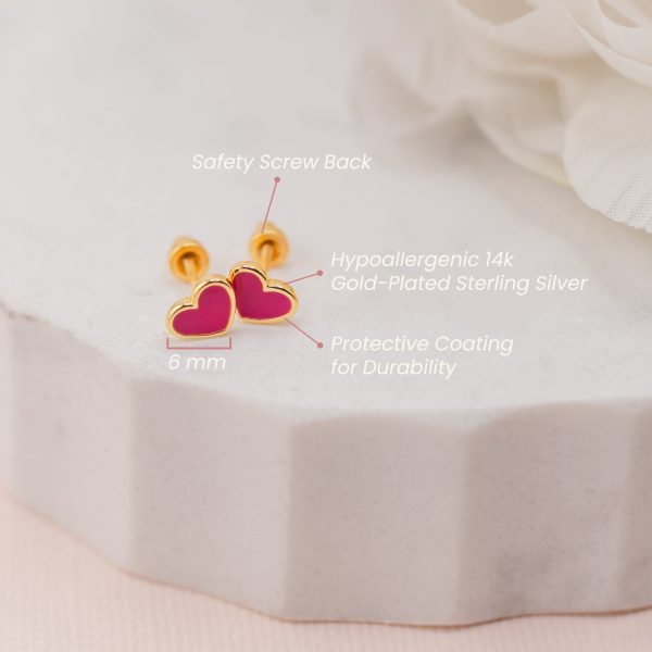Children’s Hypoallergenic Gold Plated or Silver Fuchsia Pink Heart Earrings