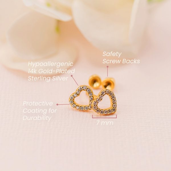 14K Gold Plated Heart Earrings with CZs and Screw Backs for Kids