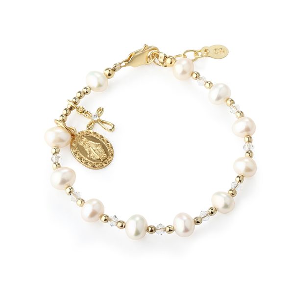 Girl’s Freshwater White or Pink Pearl Rosary Bracelet with Cross and Miraculous Medal