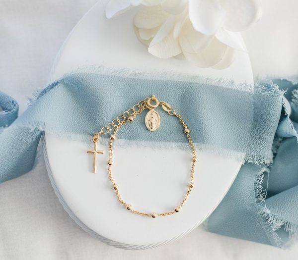 Girl’s 14K Gold-Plated Rosary Bracelet for First Communion or Confirmation Gift