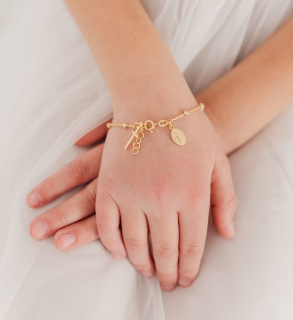 Girl’s 14K Gold-Plated Rosary Bracelet for First Communion or Confirmation Gift