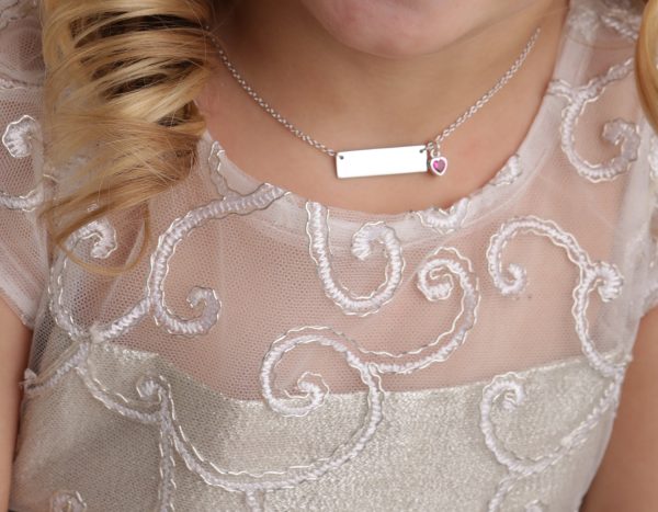 Sterling Silver Children’s Bar Necklace with CZ Birthstone Heart for Kids