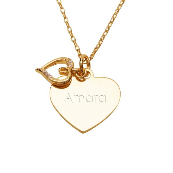 Girls 14K Gold-Plated FREE Engraved Heart with CZ Heart Necklace