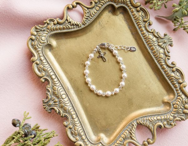 Sterling Silver Simulated Pearl Bracelet with Infinity Cross