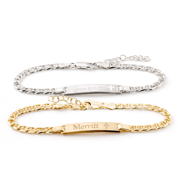 14K Gold-Plated or Sterling Silver I.D. Bracelet for Babies and Kids with FREE Engraving-Cross