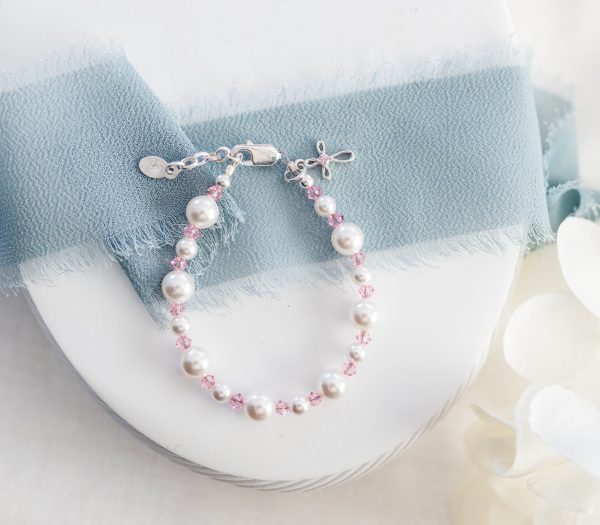 Simulated Pearl Bracelet with Infinity Cross and Pink Crystals