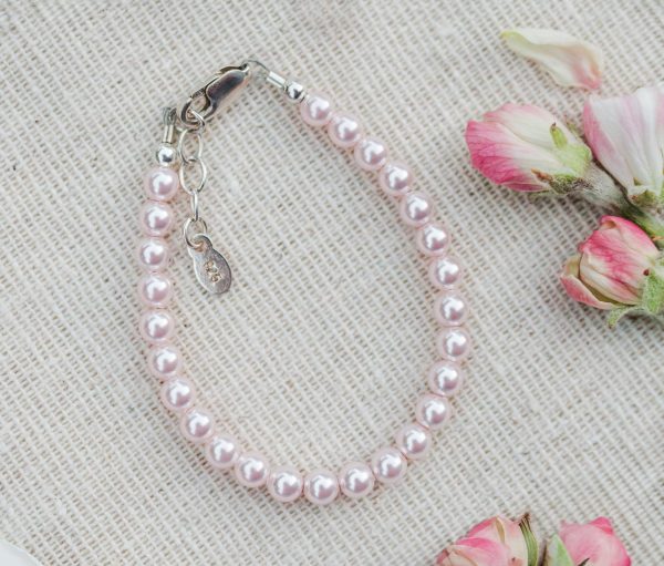 Sterling Silver Pink Simulated Pearl Bracelet Infant Baby Gift for Toddlers, Kids and Little Girls