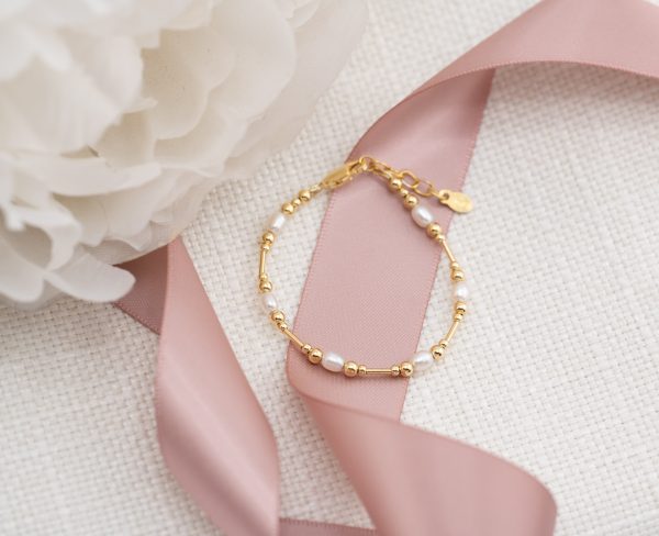 14K Gold-Plated Freshwater Pearl Gold Beaded Bracelet for Little Girls, Teens and Women