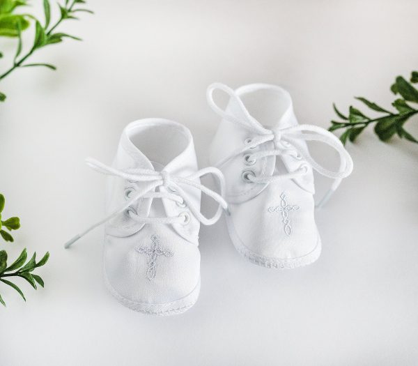 White Boys Baptism Shoe with Cross - Cherished Moments Jewelry