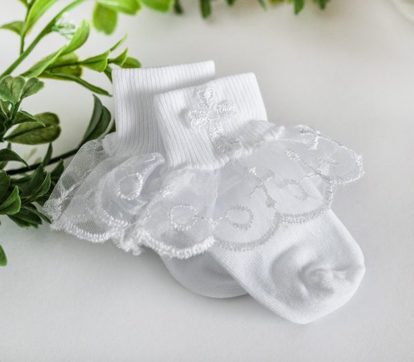 Baby Girls White Baptism Sock with Cross
