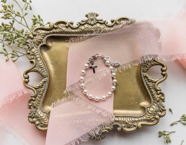 Sterling Silver High-End Austrian Simulated Pearl Cross Baptism, Christening or Dedication Bracelet for Baby Girl - Cherished Moments Jewelry