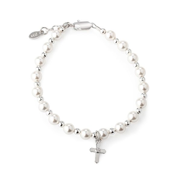 Sterling Silver Pearl Cross Baptism, Christening or Dedication Bracelet for Baby Girl
