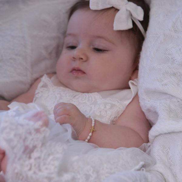 14K Gold Plated Cultured Pearl Cross Bracelet for Baptism & Communion with FREE Engraving