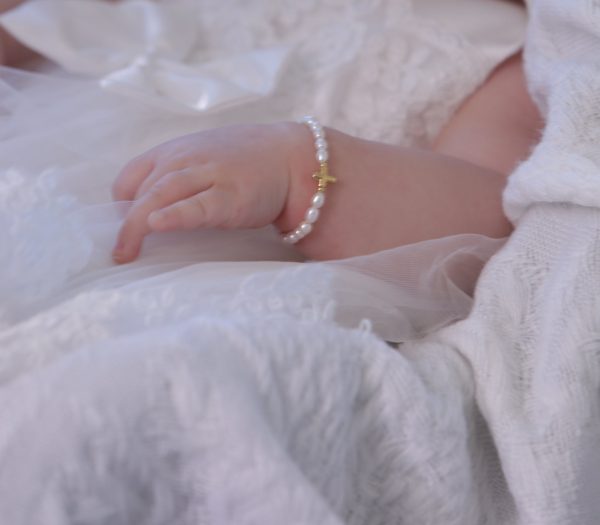 14K Gold Plated Cultured Pearl Cross Bracelet for Baptism & Communion with FREE Engraving