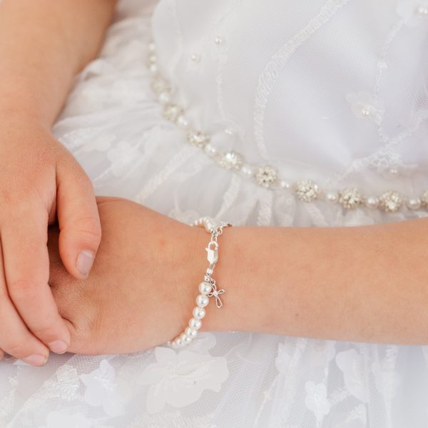 Children’s Simulated Pearl Bracelet with Infinity Faith Cross