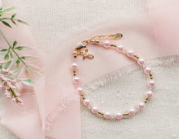 Girl’s Simulated Pink or White Pearl Bracelet with Infinity Cross