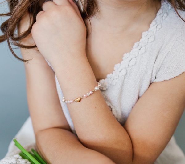14K Gold-Plated Pink and White Pearl Heart Bracelet for Babies and Kids