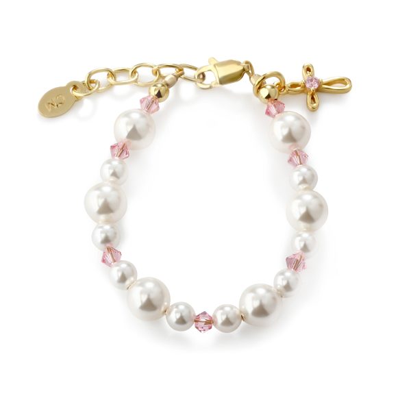 Simulated Pearl Bracelet with Infinity Cross and Pink Crystals