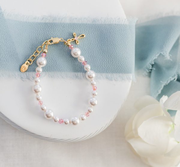 Simulated Pearl Bracelet with Infinity Cross and Pink Crystals