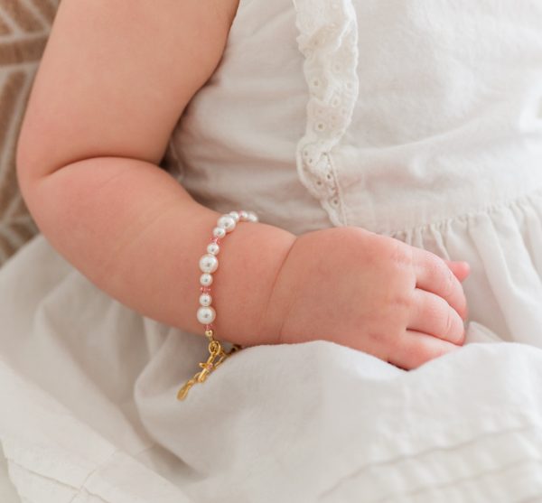 Simulated Pearl Bracelet with Infinity Cross and Pink Crystals