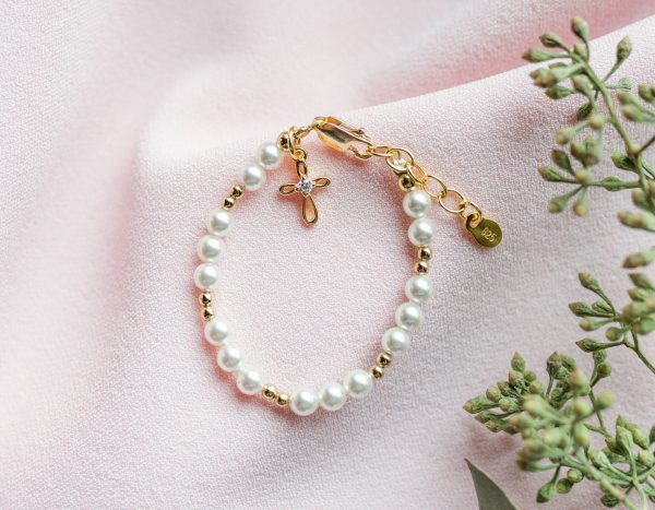 Girl’s Simulated Pink or White Pearl Bracelet with Infinity Cross