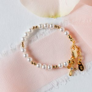 14K Gold Plated Pearl Baptism Cross Bracelet for Infant Newborn Baby Girl Gift