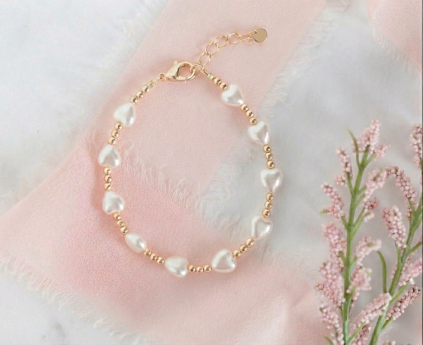 Millie – 14K-Gold Plated Czech Heart Pearl Baby and Girl’s Bracelet