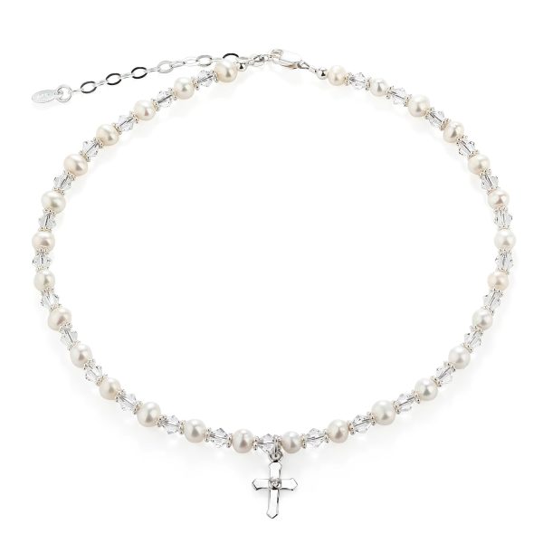 Sterling Silver Simulated Pearl Cross Necklace for Baptism or Communion