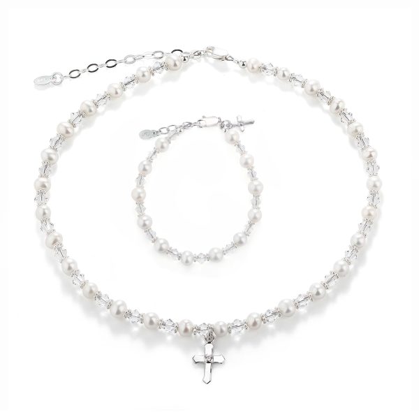 Sterling Silver Simulated Pearl Cross Necklace for Baptism or Communion