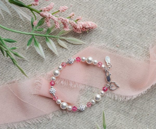 Little Girls Sterling Silver Baby Bracelet with Simulated Pearls and Pink Crystals with Heart