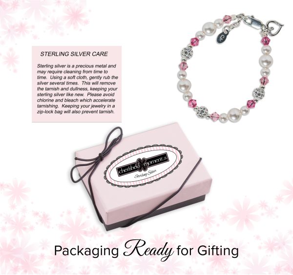 Little Girls Sterling Silver Baby Bracelet with Simulated Pearls and Pink Crystals with Heart