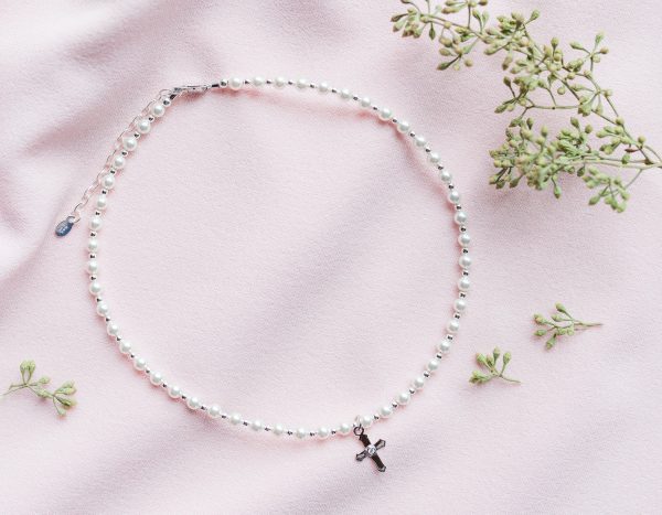 Sterling Silver Simulated Pearl Cross Necklace for Baptism or Communion