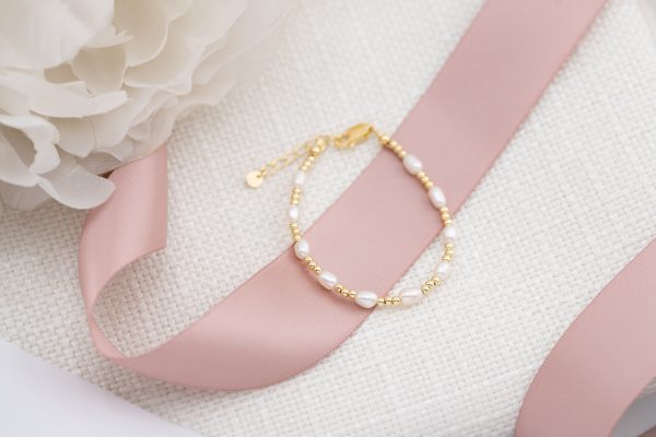 14K Gold-Plated Freshwater Pearl Gold Beaded Bracelet for Little Girls, Teens and Women