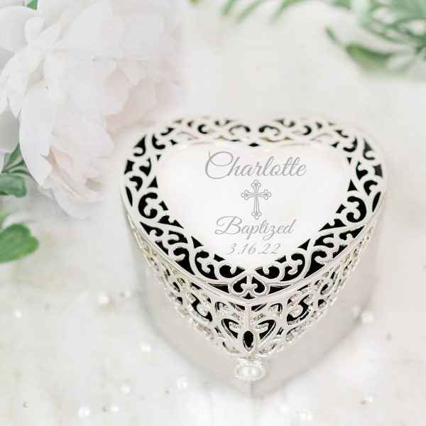 Custom Silver Filigree Heart Jewelry Box with Engraving for Girls