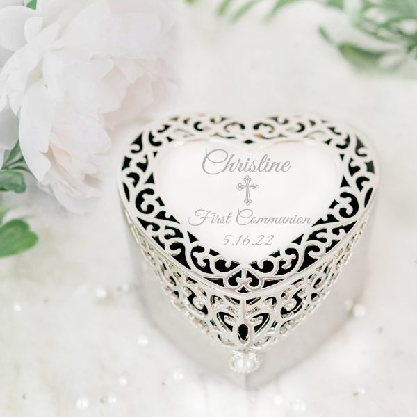 Custom Silver Filigree Heart Jewelry Box with Engraving for Girls