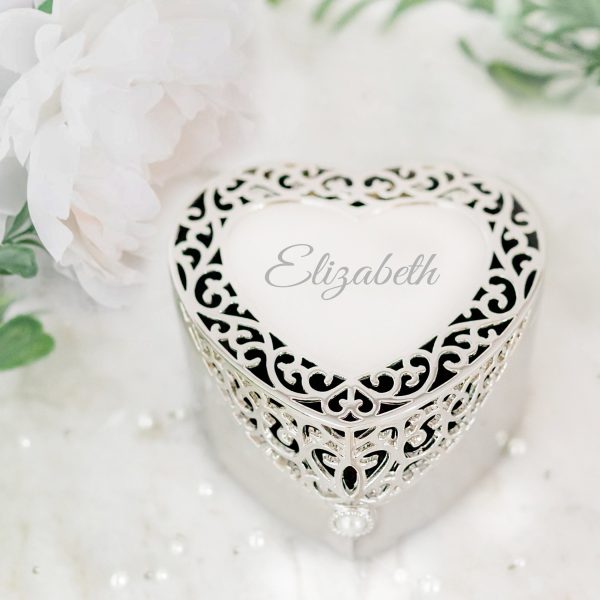 Custom Silver Filigree Heart Jewelry Box with Engraving for Girls