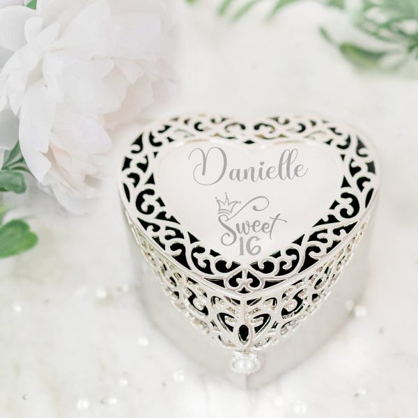 Custom Silver Filigree Heart Jewelry Box with Engraving for Girls
