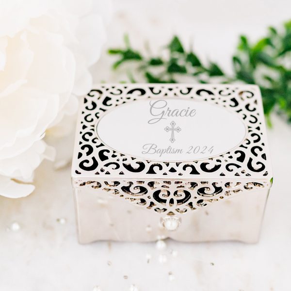 Custom Silver Filigree Rectangle Jewelry Box with Engraving for Girls