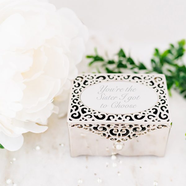 Custom Silver Filigree Rectangle Jewelry Box with Engraving for Girls