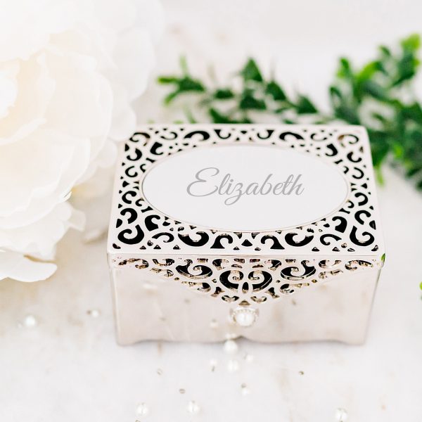 Custom Silver Filigree Rectangle Jewelry Box with Engraving for Girls