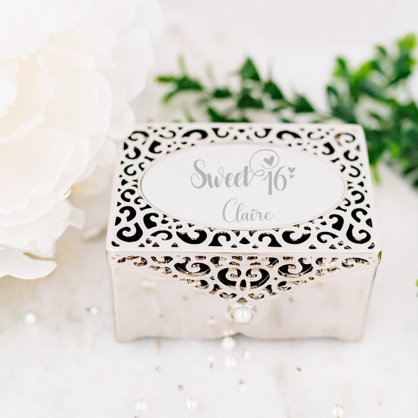 Custom Silver Filigree Rectangle Jewelry Box with Engraving for Girls