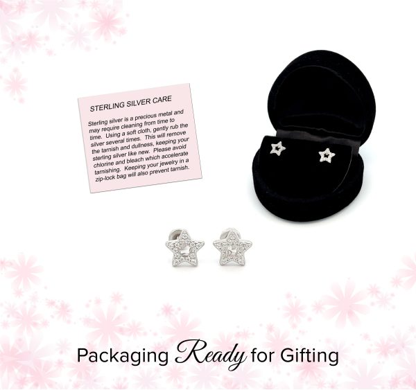 Sterling Silver Kid’s Hollow Star CZ Screw-Back Earrings