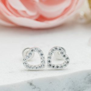 Sterling Silver Heart Earrings with CZs and Screw Backs for Kids