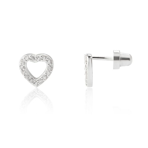 Sterling Silver Heart Earrings with CZs and Screw Backs for Kids