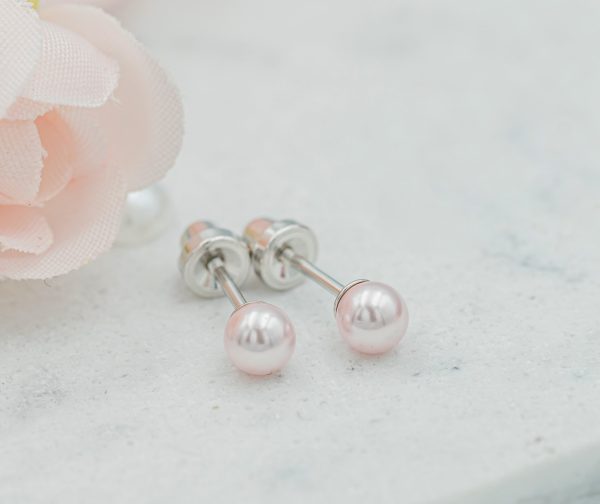 Sterling Silver Child’s Pink High-End Simulated Pearl Screw Back Earrings
