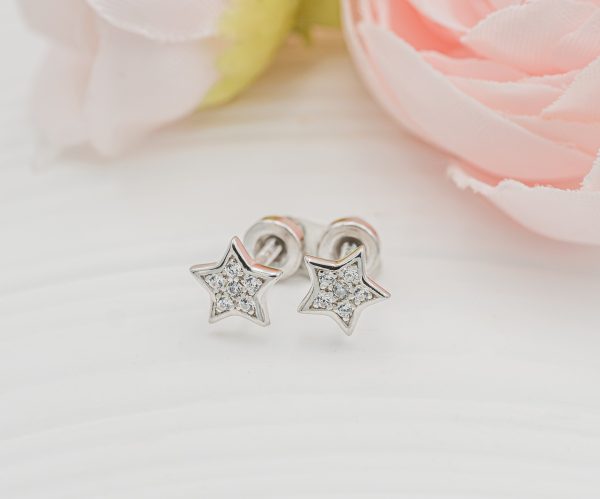 Sterling Silver Kid’s Star CZ Screw-Back Earrings