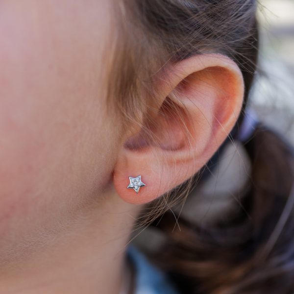 Sterling Silver Kid’s Star CZ Screw-Back Earrings